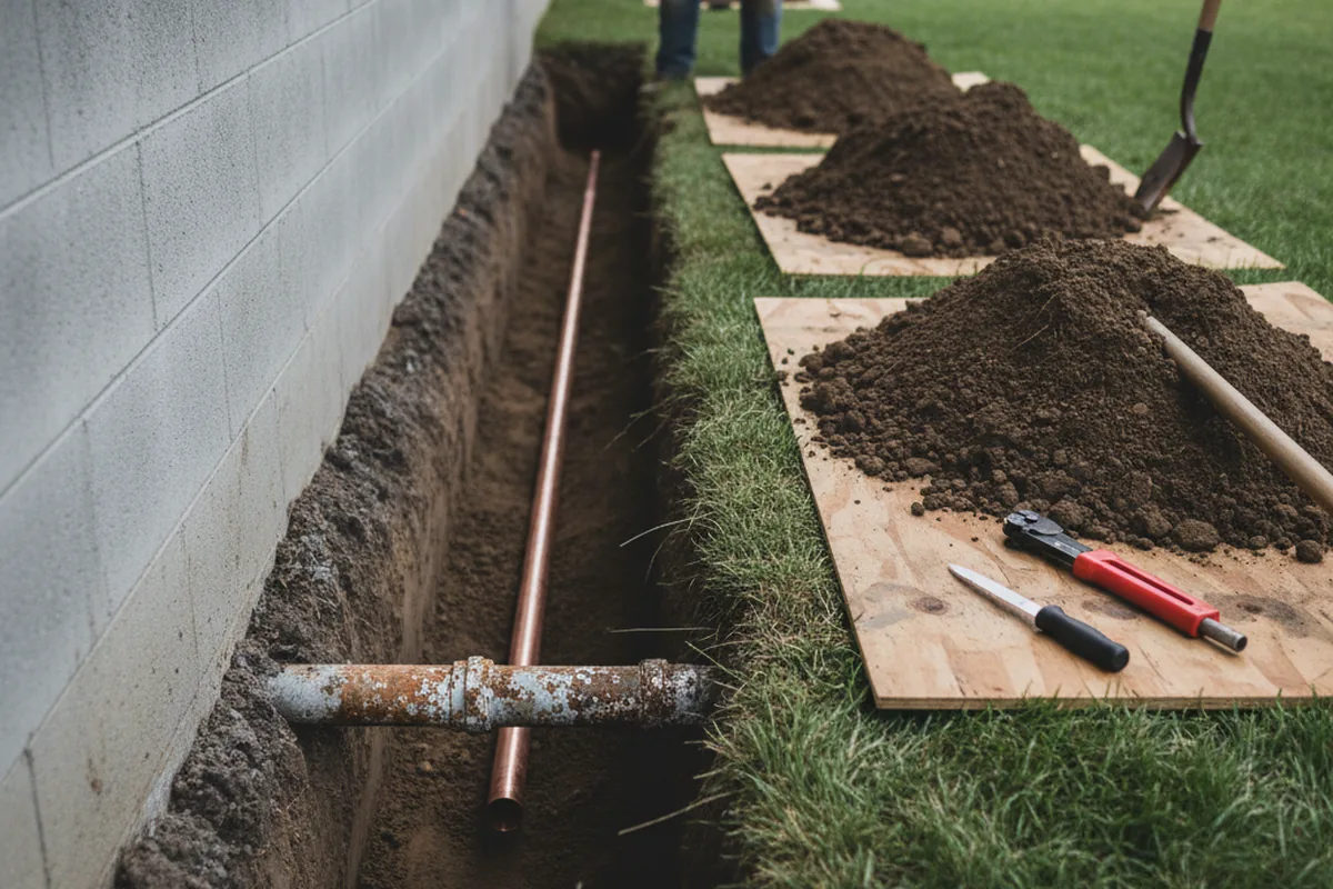 Excavated water line trench during Water Heater Repair in Vaughn